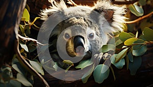 Cute koala sitting on a tree branch in the forest generated by AI