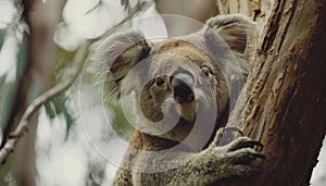 Cute koala sitting on tree branch, looking at camera