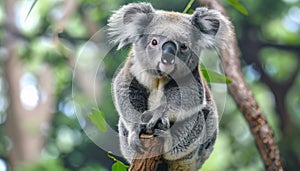 Cute koala sitting on tree branch, looking at camera