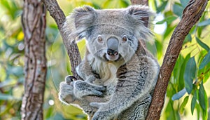 Cute koala sitting on tree branch, looking at camera