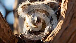 Cute koala sleeping on eucalyptus tree, alertness in nature generated by AI