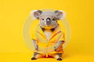 Cute koala in swimming suit ready to swim on yellow background