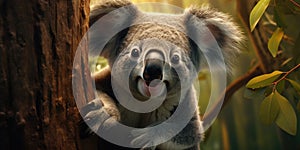 Cute koala on a tree close-up. Generative AI