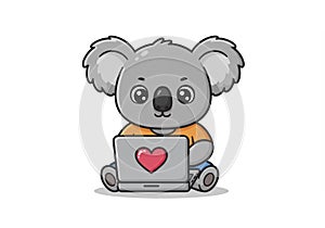 Cute Koala Using Laptop with Heart Illustration on Screen photo
