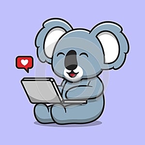Cute koala working on laptop cartoon vector icon illustration