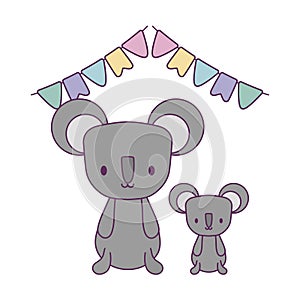 cute koalas animals with garlands hanging