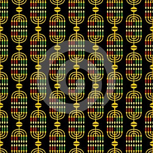 Cute Kwanzaa seamless pattern with seven kinara candles in traditional African colors - black, red, green on black