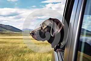 A cute Labrador dog in the car, portraying the joy of the summer trip with its curious gaze out the window