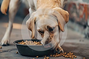 Cute labrador eating dry food from bowl