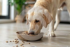 Cute labrador eating dry food from bowl