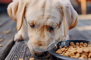 Cute labrador eating dry food from bowl