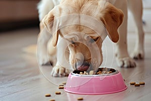 Cute labrador eating dry food from bowl