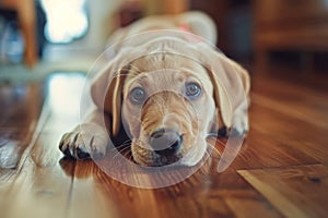 cute labrador puppy dog lying on a wooden floor in an appartement