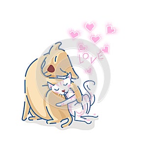 Cute labrador retriever dog hug a cat with pink hearts and love text on white background