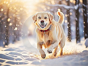 Cute labrador retriever dog running in deep snow, generative ai