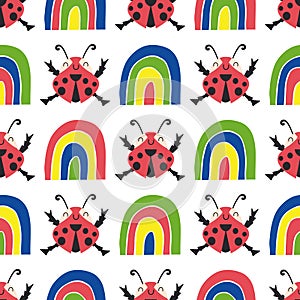 Cute ladybirds and rainbows seamless vector pattern background. Happy dancing ladybugs in childlike drawing style