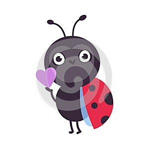 Cute ladybug with heart. Little ladybird insect mascot cartoon vector illustration