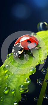 cute ladybug sitting on leaf close-up shot generative AI