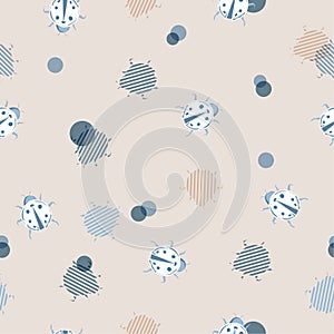 Cute Ladybugs with polka dots and stripe line seamless pattern v