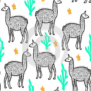 Cute lama and cactus seamless pattern in handdrawn style,kids illustration with traditional south american animal,design