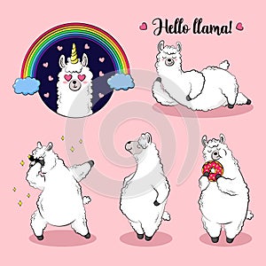 Cute lama, doodle vector illustration. Collection of cartoon characters, stickers, patches photo