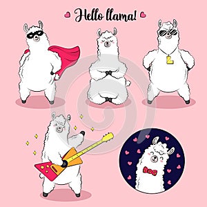 Cute lama, doodle vector illustration. Collection of cartoon characters, stickers, patches