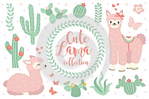 Cute lama set objects. Collection design elements with llama, cactus, lovely flowers. Isolated on white background photo