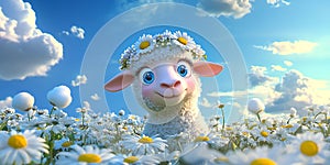 Cute Lamb in Daisy Field Spring Sky Background