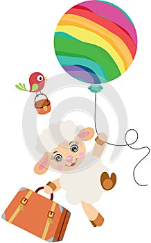 Cute lamb flying holding a rainbow balloon and travel suitcase
