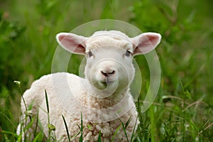 Cute lamb gazes innocently in green meadow, charming viewers