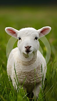 Cute lamb gazes innocently in green meadow, charming viewers