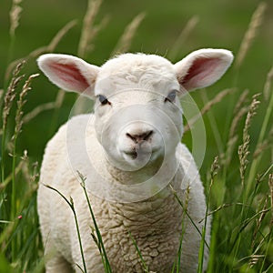 Cute lamb gazes innocently in green meadow, charming viewers