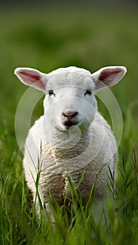 Cute lamb gazes innocently in green meadow, charming viewers photo