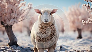 Cute lamb grazing in snowy meadow, innocence in nature generated by AI