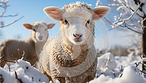 Cute lamb grazing in snowy meadow, looking at camera generated by AI