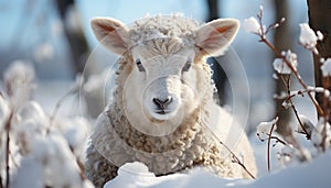 Cute lamb grazing in snowy meadow, looking at camera generated by AI