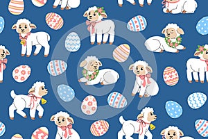 Cute lambs and Easter eggs seamless pattern. Vector repeating Easter background.