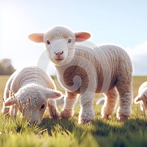 Cute Lambs in a Field - AI generated Illustration, realistic