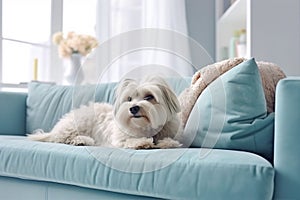 Cute lapdog lying on blue couch at home, white pet dog rests in room