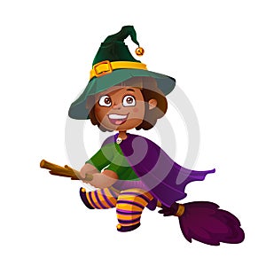 Cute Latina Girl Witch on the Broom. Happy Halloween. Trick or Treat, Cartoon Illustration.