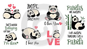 Cute lazy pandas with funny inscriptions. photo