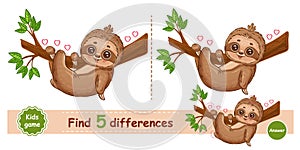 Cute lazy sloth rest hang on tree branch, find 5 difference puzzle education children game. Slow exotic animal, logic task vector