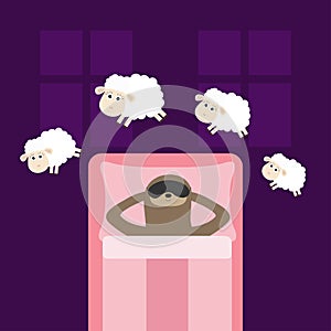 Cute lazy sloth sleeping mask. Jumping sheeps. Cant sleep going to bed concept. Counting sheep. Animal set. Baby collection.