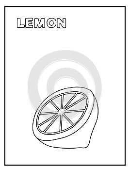 Cute lemon black and white coloring page with name of fruit. Great for toddlers and kids any age.