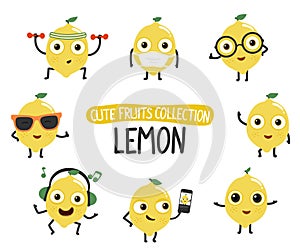Cute lemon cartoon characters set.