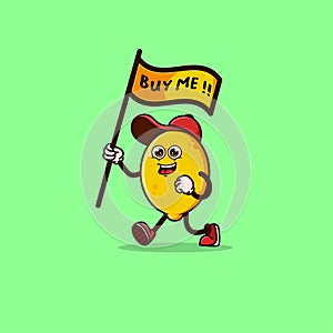 Cute Lemon character carrying a flag that says buy me. Fruit character icon concept isolated. Emoji Sticker. flat cartoon style