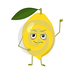 Cute lemon characters with emotions, face, arms and legs. Spring or summer decoration. The funny or proud, domineering