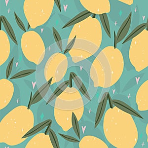 Cute lemon fruit pattern. Citrus fruit background.
