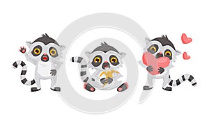 Cute Lemur as Primate with Long Striped Tail Waving Paw, Holding Heart and Eating Banana Vector Set