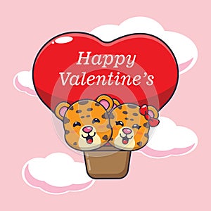 Cute leopard cartoon character fly with air balloon in valentine\'s day.